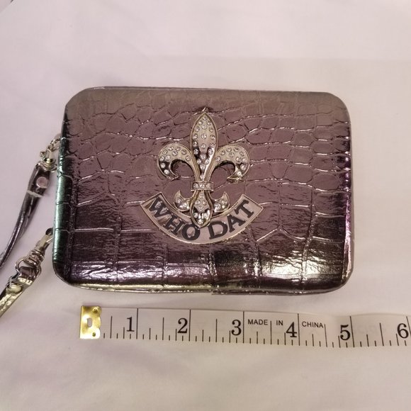 WHO DAT Wallet w Strap Silver Metallic Crock Pattern - Picture 3 of 6